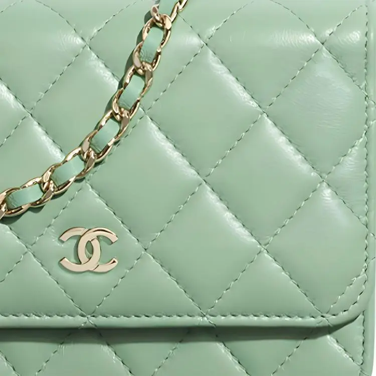 CHANEL Lambskin And Gold Metal Wallet Mini Women's Green-4