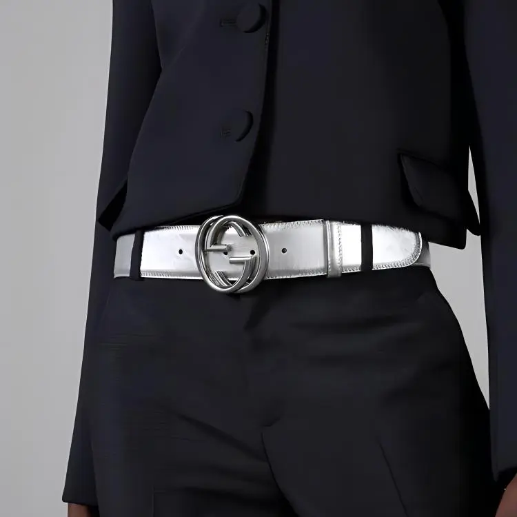 GUCCI Leather Leather Belts Women's Silver Width 4.5cm-2