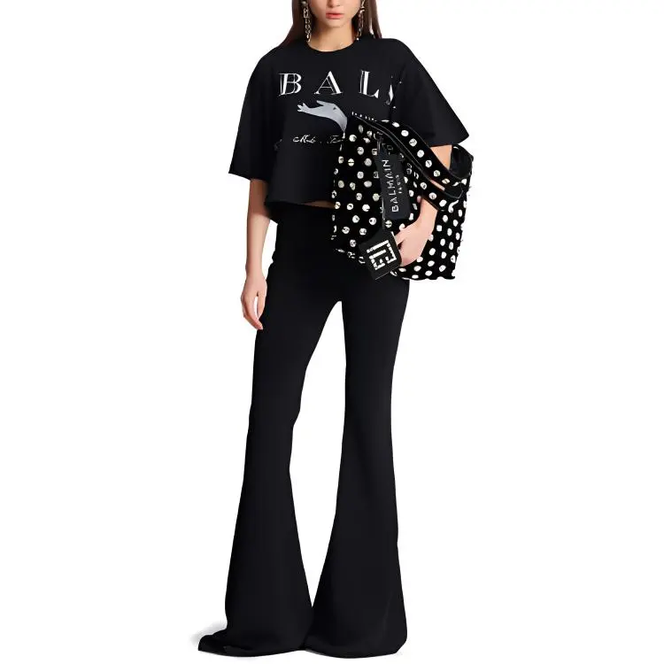 BALMAIN Jolie Madame Print Cropped T Shirt 'Black/Multicolor Grey'-1