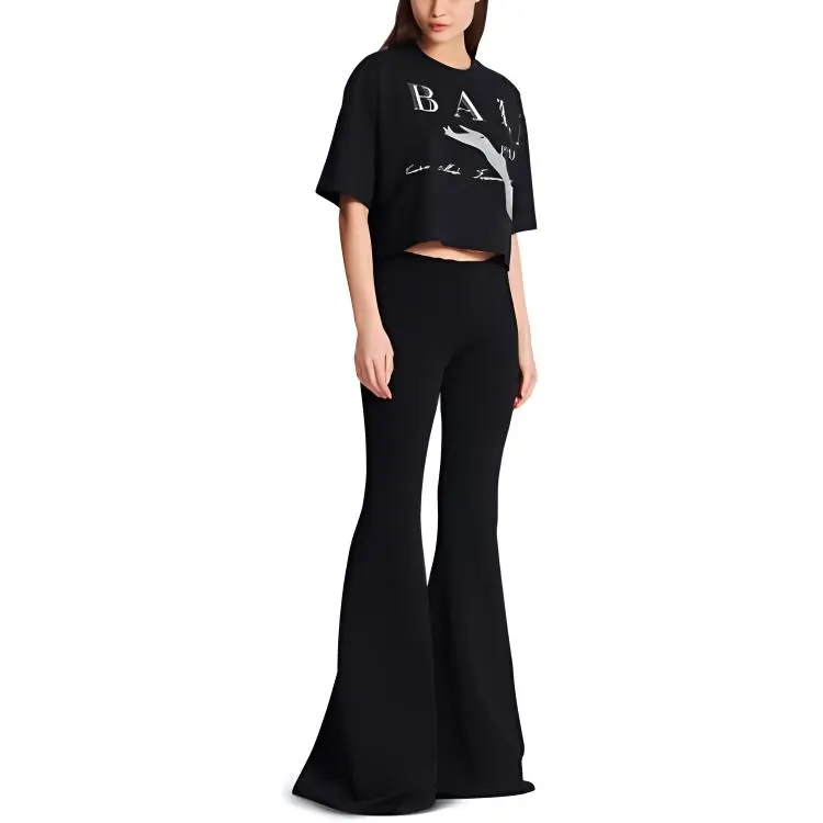 BALMAIN Jolie Madame Print Cropped T Shirt 'Black/Multicolor Grey'-3