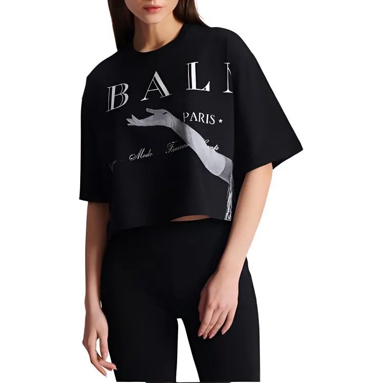 BALMAIN Jolie Madame Print Cropped T Shirt 'Black/Multicolor Grey'-5