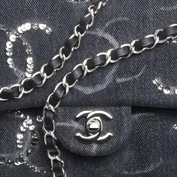 CHANEL Classic Flap CF Denim Sequins Shoulder Bag, Crossbody Bag Women's Black Gray-1