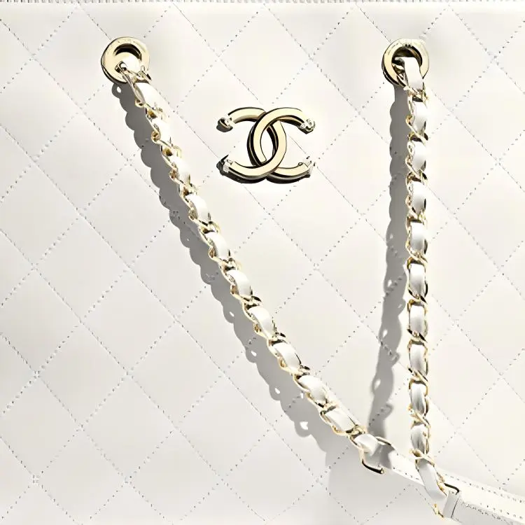 CHANEL Calfskin+Gold Metal Tote Bag, Shopping Bag, Shoulder Bag Women's White-4