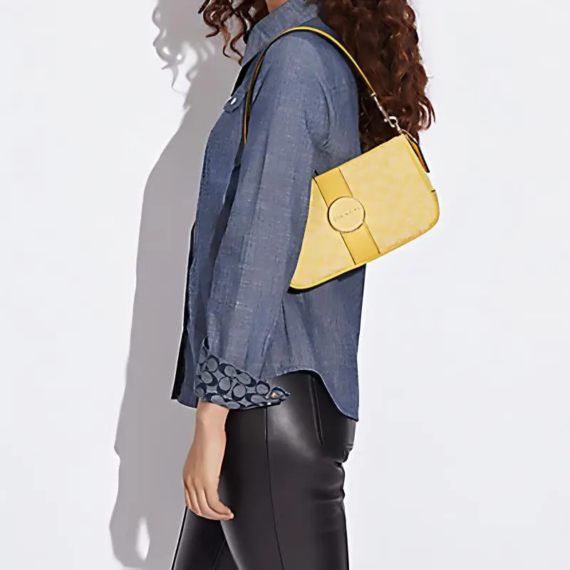 COACH Jacquard Fabric With Leather Shoulder Bag, Crossbody Bag Medium Size Women's Yellow Cream & Cardamom-3