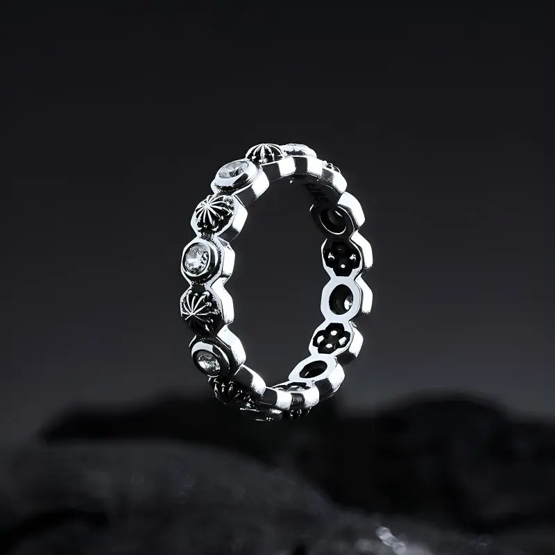 ROCK&RIDE 925 Sterling Silver With White Zircon Inlaid Rings Unisex-3