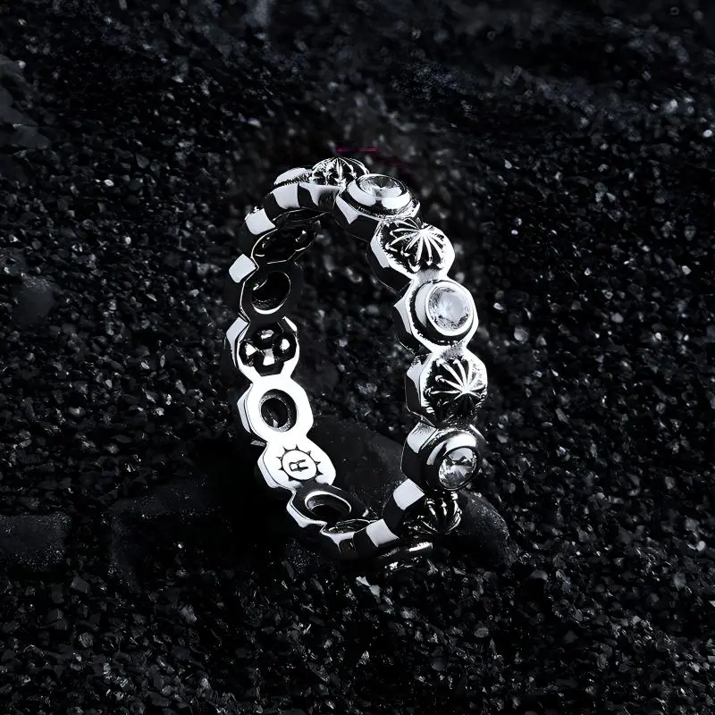 ROCK&RIDE 925 Sterling Silver With White Zircon Inlaid Rings Unisex-4