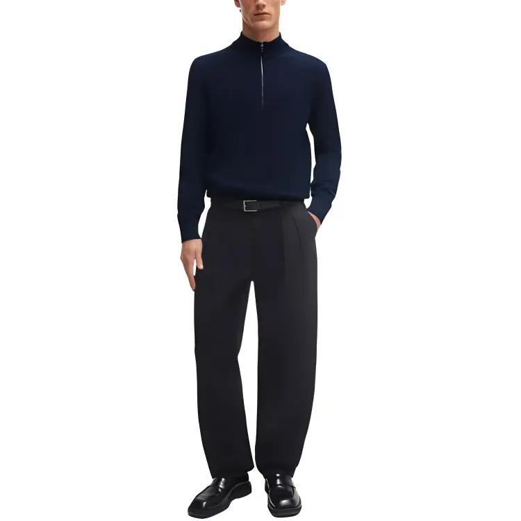 HUGO BOSS Zip Neck Sweater In Micro Structured Cotton Sweater Men's Blue-1