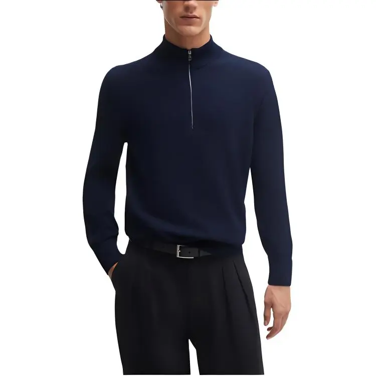 HUGO BOSS Zip Neck Sweater In Micro Structured Cotton Sweater Men's Blue-2