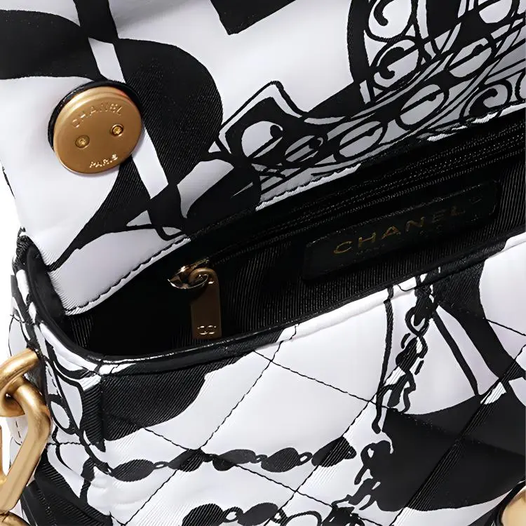 CHANEL 22c Early Spring Printed Fabrics Flap Bag, Shoulder Bag Mini Women's Black White Print-2