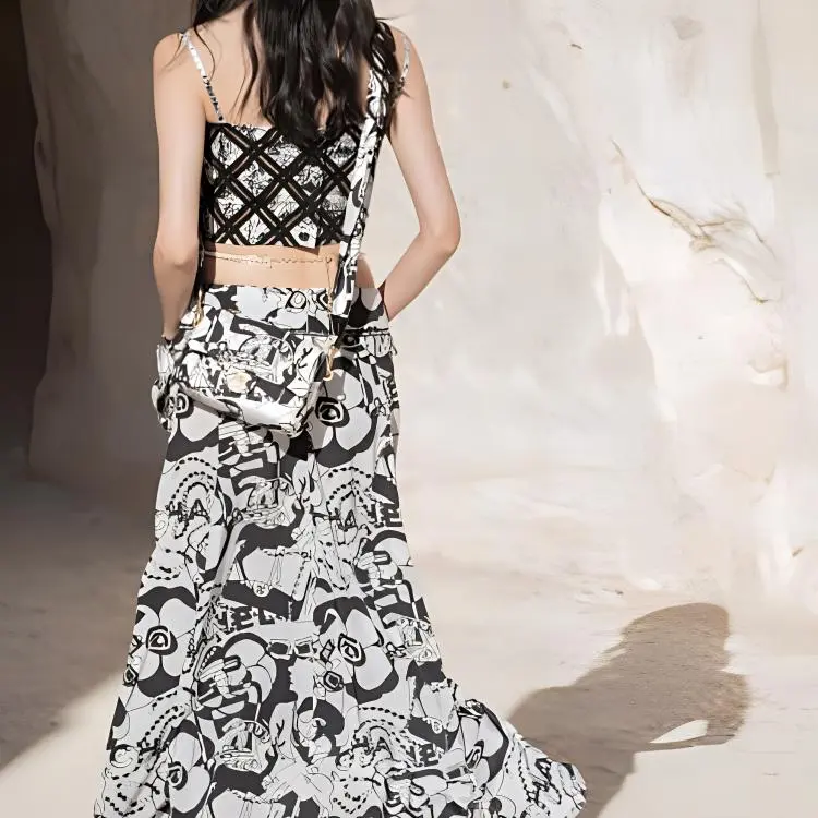 CHANEL 22c Early Spring Printed Fabrics Flap Bag, Shoulder Bag Mini Women's Black White Print-3