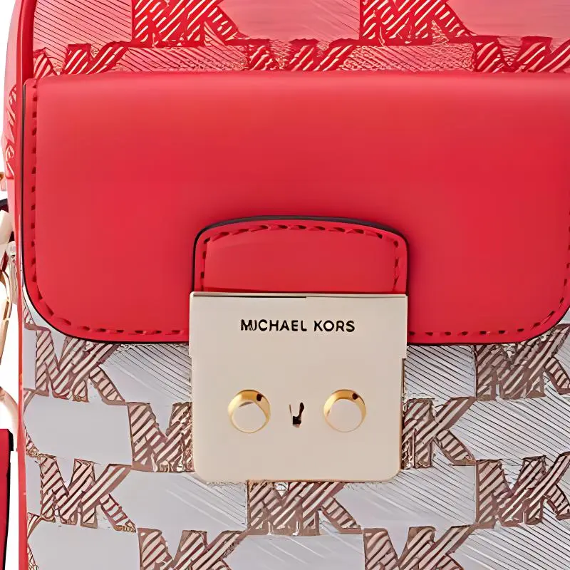 MICHAEL KORS Sloan Fabric Crossbody Cell Phone Pouch Small Size Women's Watermelon Red With Beige Accents-1