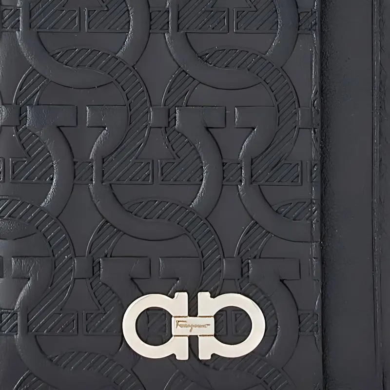 FERRAGAMO Travel Embossed Embossed Cow Leather Card Clip Card Holder Men's Black-4
