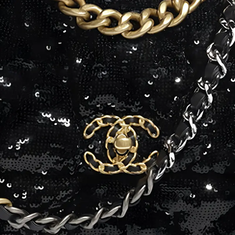 CHANEL 19Bag Sequins Flap Bag, Chain Shoulder Bag, Crossbody Bag Trumpets Women's Black-2