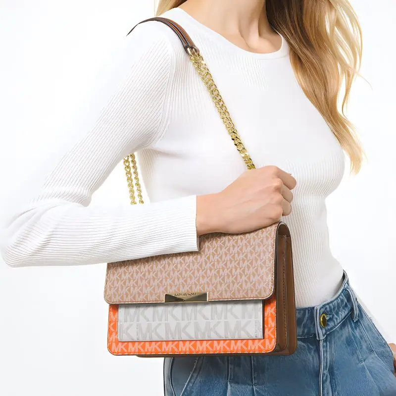 MICHAEL KORS Jade Leather Shoulder Bag, Crossbody Bag Women's Pink/Ecru/Orange Red-4