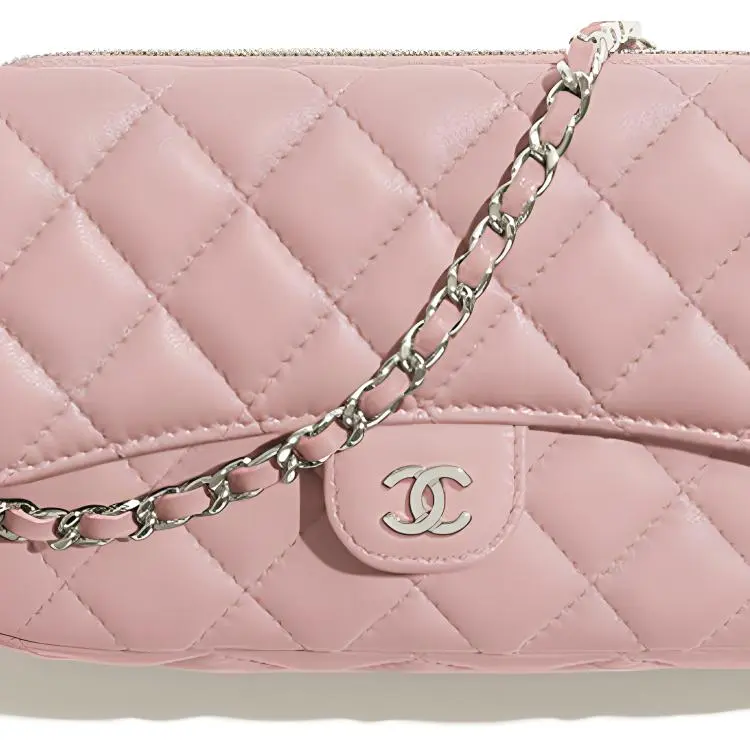 CHANEL Leather Is Worn On A Chain Cell Phone Pouch Clutch Crossbody Bag Women's Pink-1
