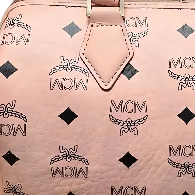 MCM Visetos Intertwined Letter Canvas Boston Bag, One Shoulder Handbag Trumpets Women's Pink-2