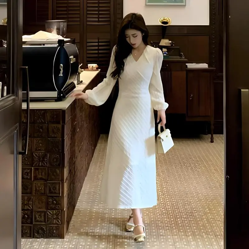 AFGGD Long Sleeved Dresses Women's White-2