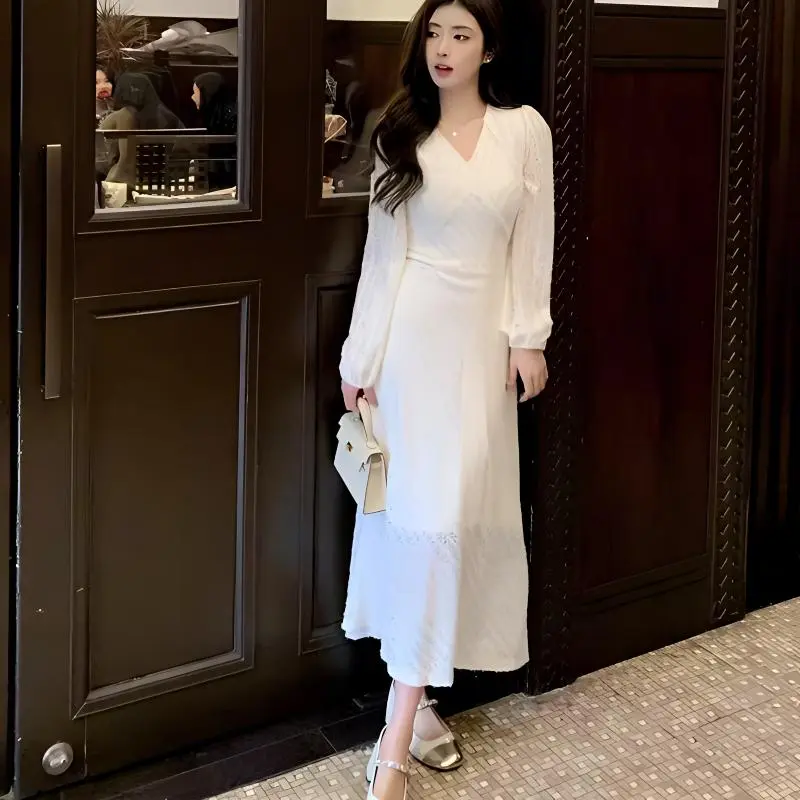 AFGGD Long Sleeved Dresses Women's White-3