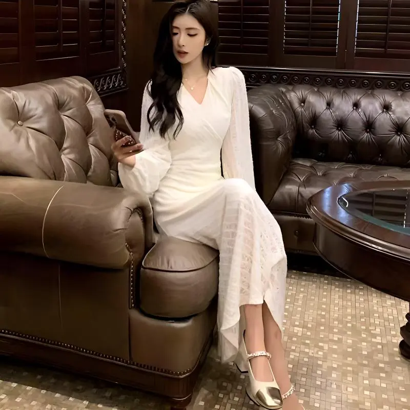 AFGGD Long Sleeved Dresses Women's White-4