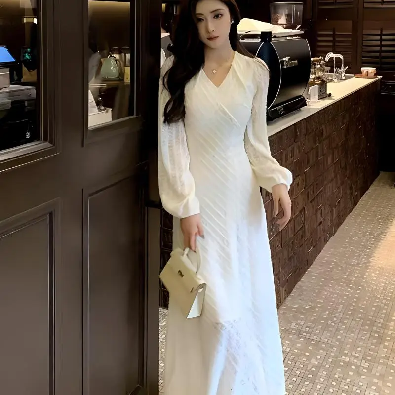 AFGGD Long Sleeved Dresses Women's White-5