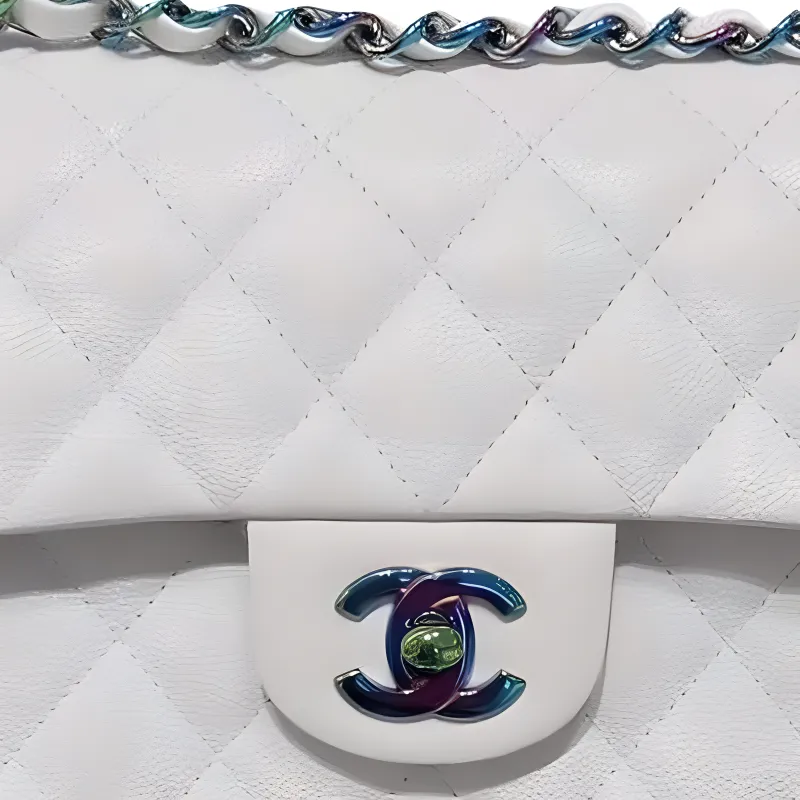 CHANEL Classic Flap CF Embossed Calfskin Crossbody Bag, Shoulder Bag Trumpets Women's White-1
