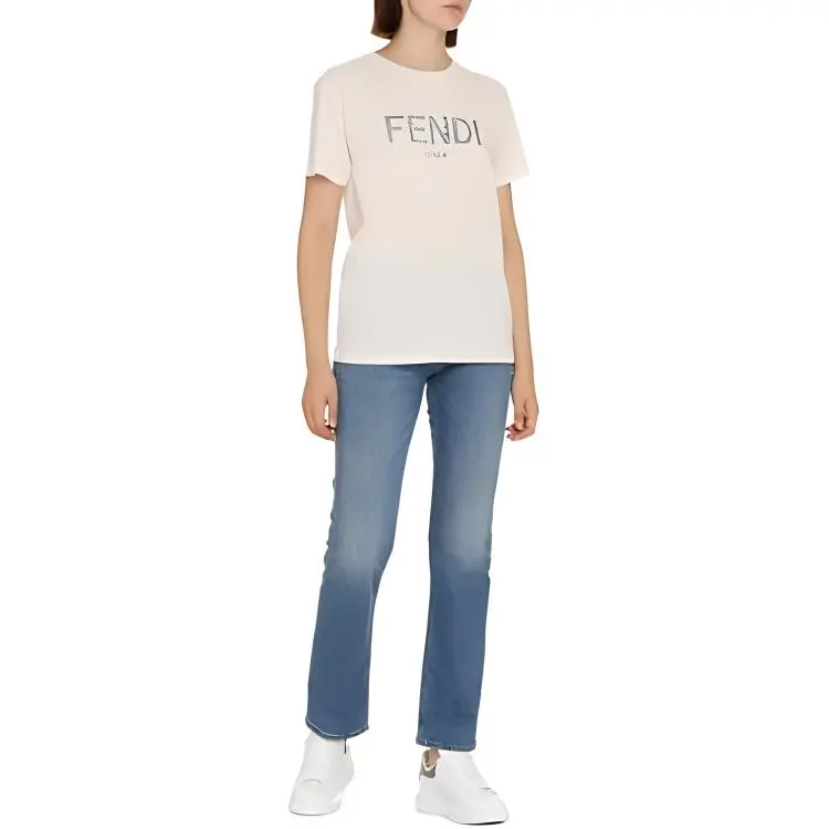 FENDI Logo Letter Print Straight Fit Short Sleeved T Shirt T Shirt Women's White-3