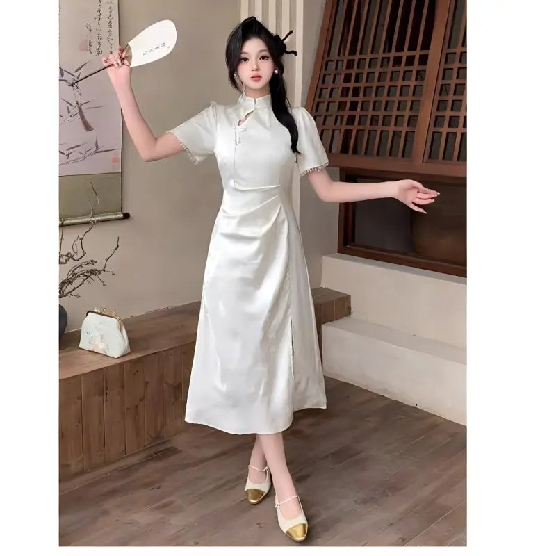 Short Sleeved Dress Style Women's Apricot Single Item-4