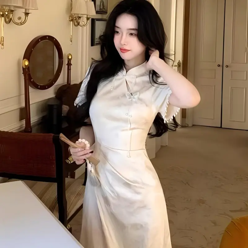 Short Sleeved Dress Style Women's Apricot Single Item-5