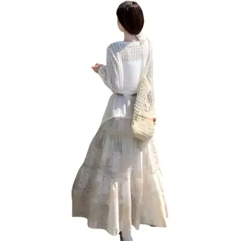 ZCDECO Skirt Set Women's White Innerwear/Multicolor Skirt/White Cover Up With Belt