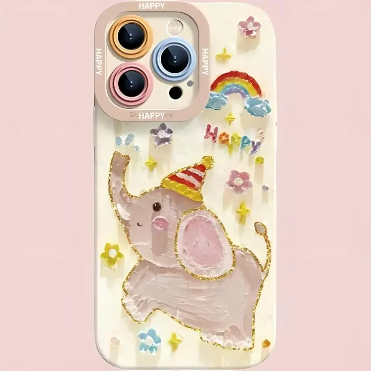 Wei Xin TPU Material Oil Painting Rainbow Elephant Phone Cases Compatible With IPhone 16/15 Pro Max/Apple 13/14 Pro/Max-1
