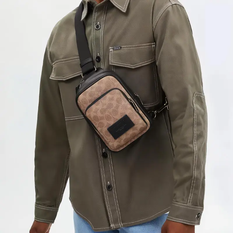 COACH Coated Canvas With Smooth Calfskin Sling Bag Shoulder Bag Crossbody Bag Mini Men's Tan-4