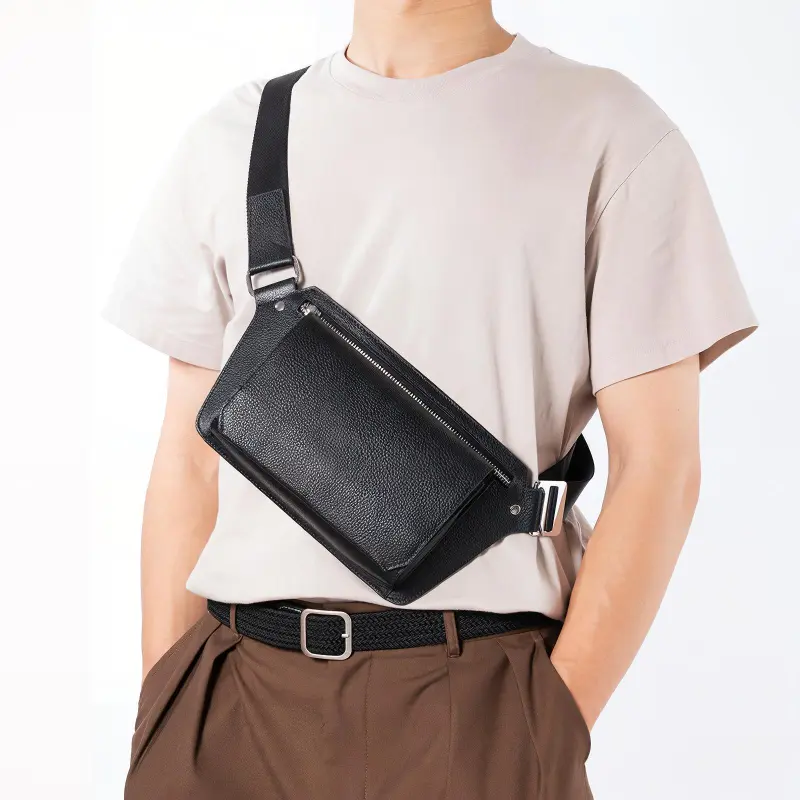 DOSRFINI Cow Leather Sling Bag Medium Size Men's Black Litchi Grain/Black Vegetable Tanned Leather-4
