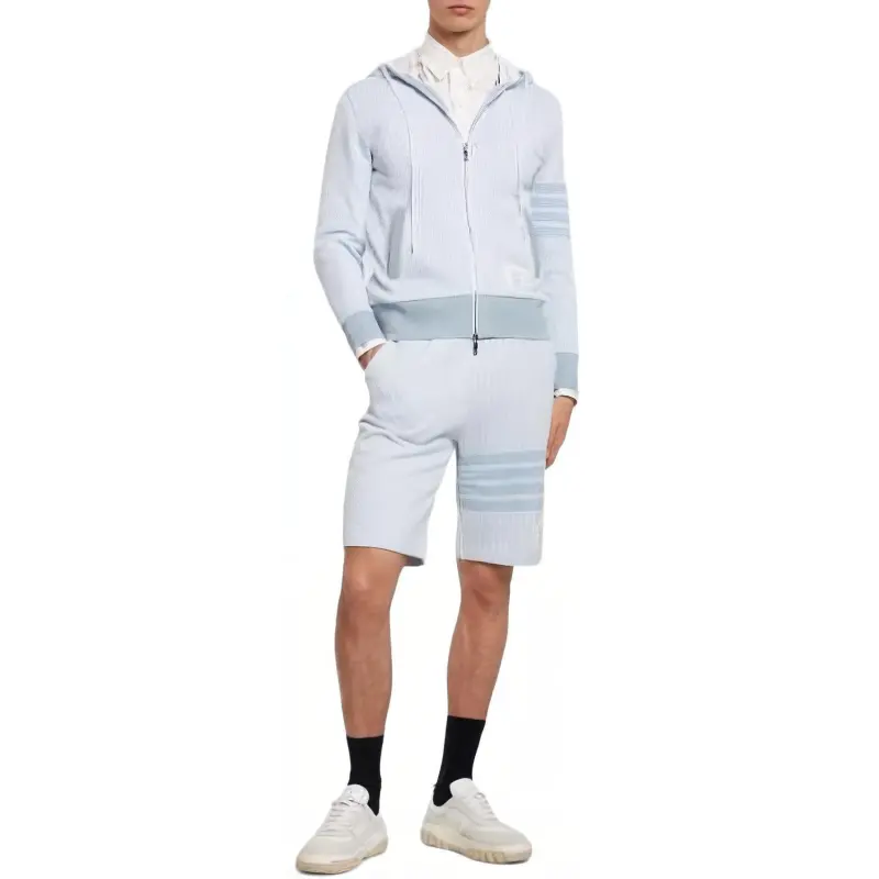 THOM BROWNE 4 Bar Striped Zip Up Drawstring Hoodie-3