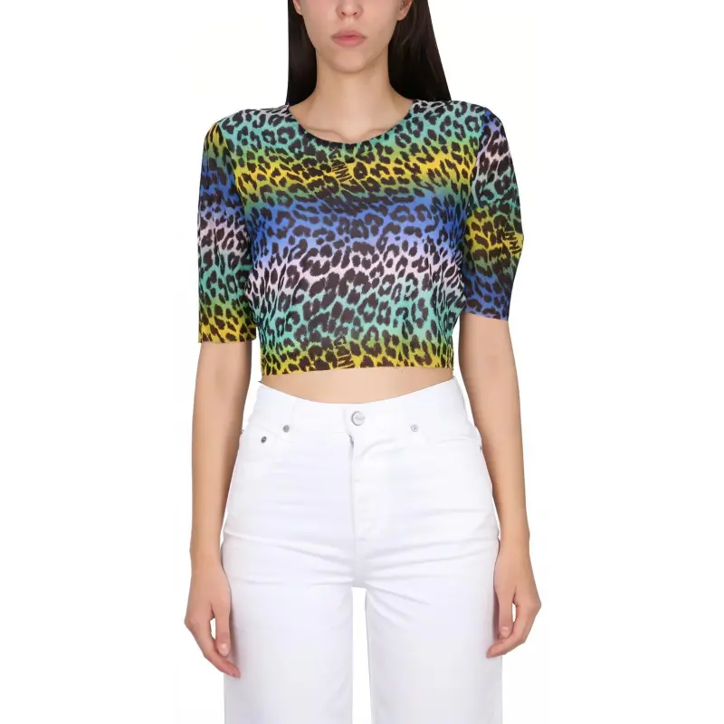 GANNI Leopard-Printed Crewneck Cropped T-Shirt-2