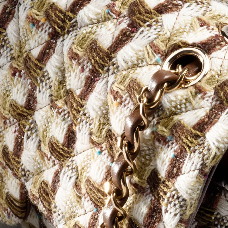 CHANEL Classic Flap CF Wool Twill Soft Woolen Shoulder Bag, Crossbody Bag Women's Ivory & Khaki & Brown-2