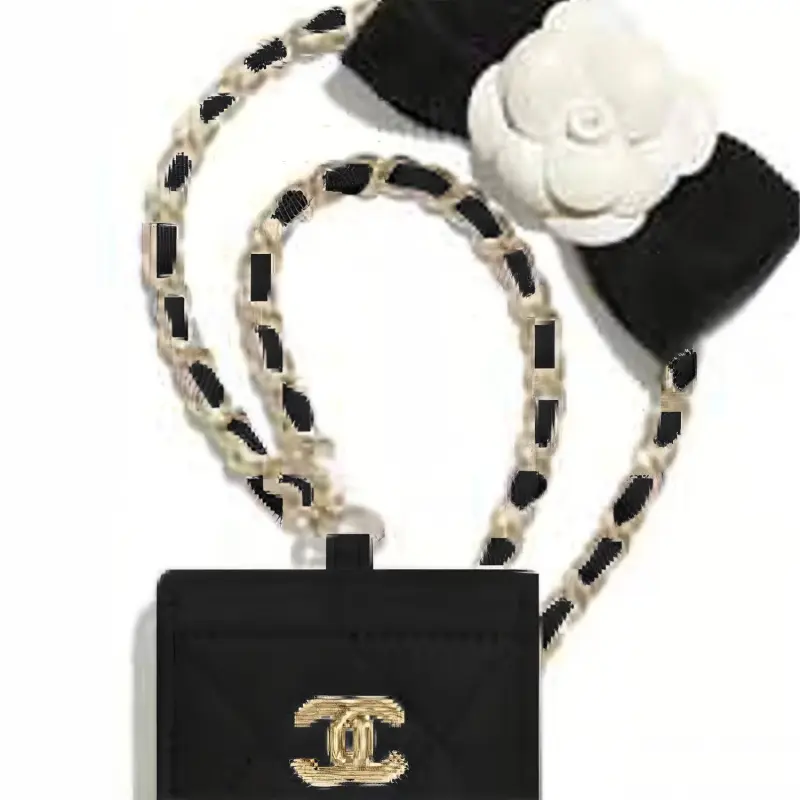 CHANEL Lambskin Card Holder Necklace Pouch Women's Black-4