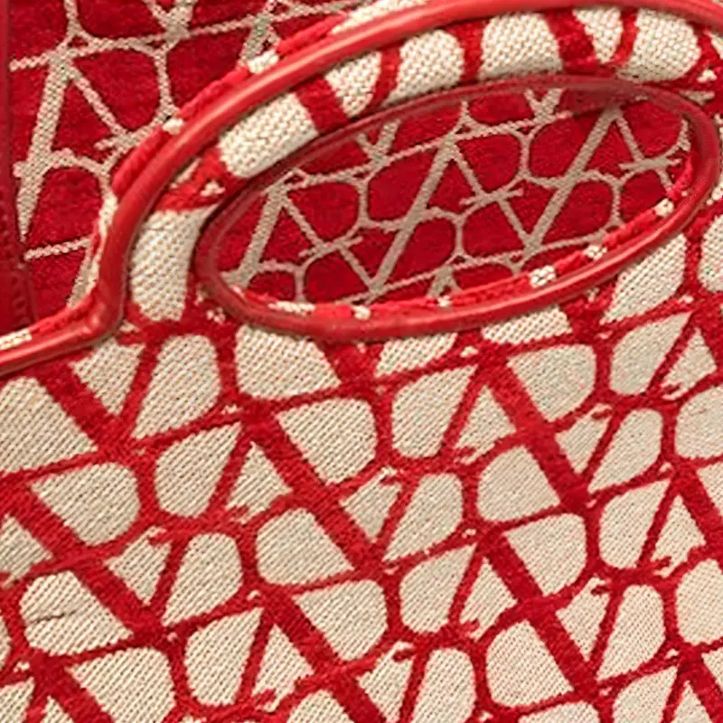 Valentino Calfskin Tote Bag Shopping Bag Handbag Women's Red & Beige-3