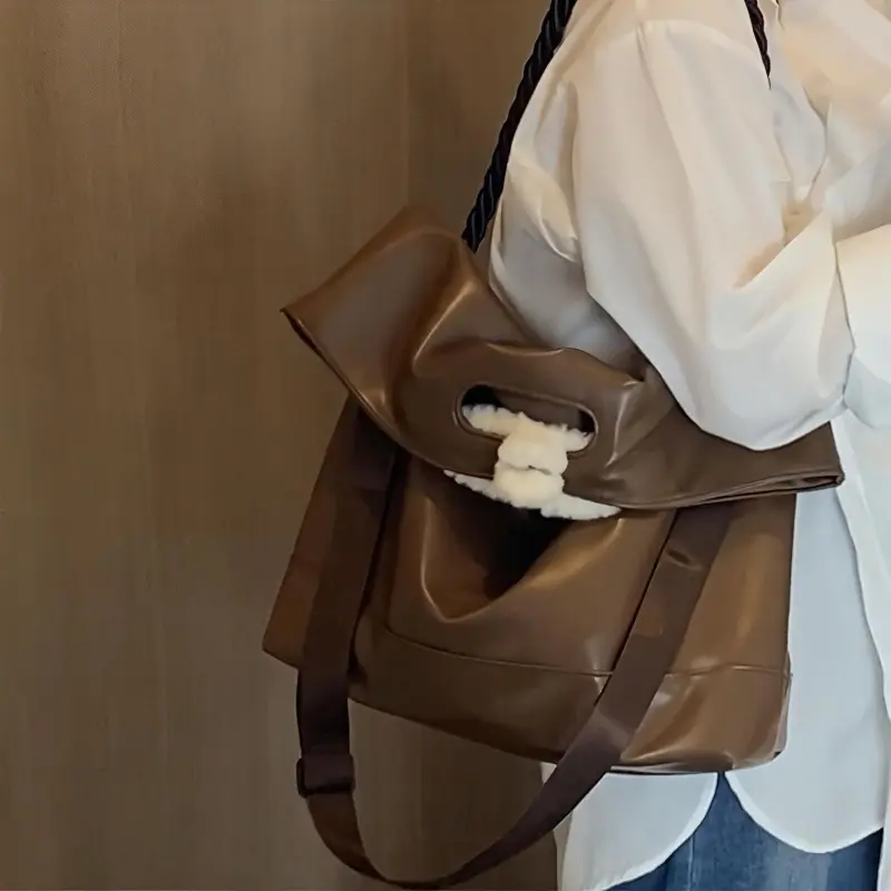 Aini Rabbit Polyester Pu Tote Shoulder Bag, Crossbody Bag Unisex Black/Leather Black/Leather Brown-9