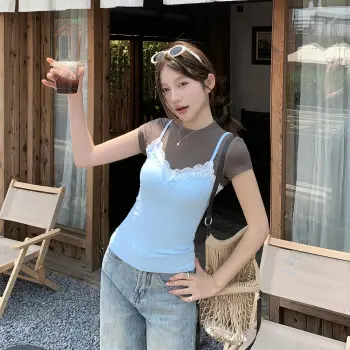 Si Bei'er T Shirt Women's Blue Mock Two Piece