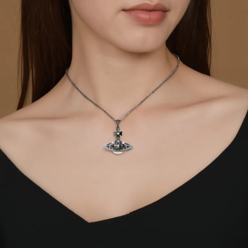 Vivienne Westwood Swarovski Crystal Necklaces Unisex Gunmetal Gray-6