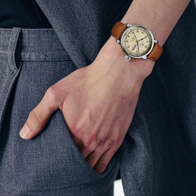 ZEPPELIN Automatic Mechanical Movement Men's Watches Watch Yellow Watch Dial Stainless Steel Case Genuine Leather Strap-1
