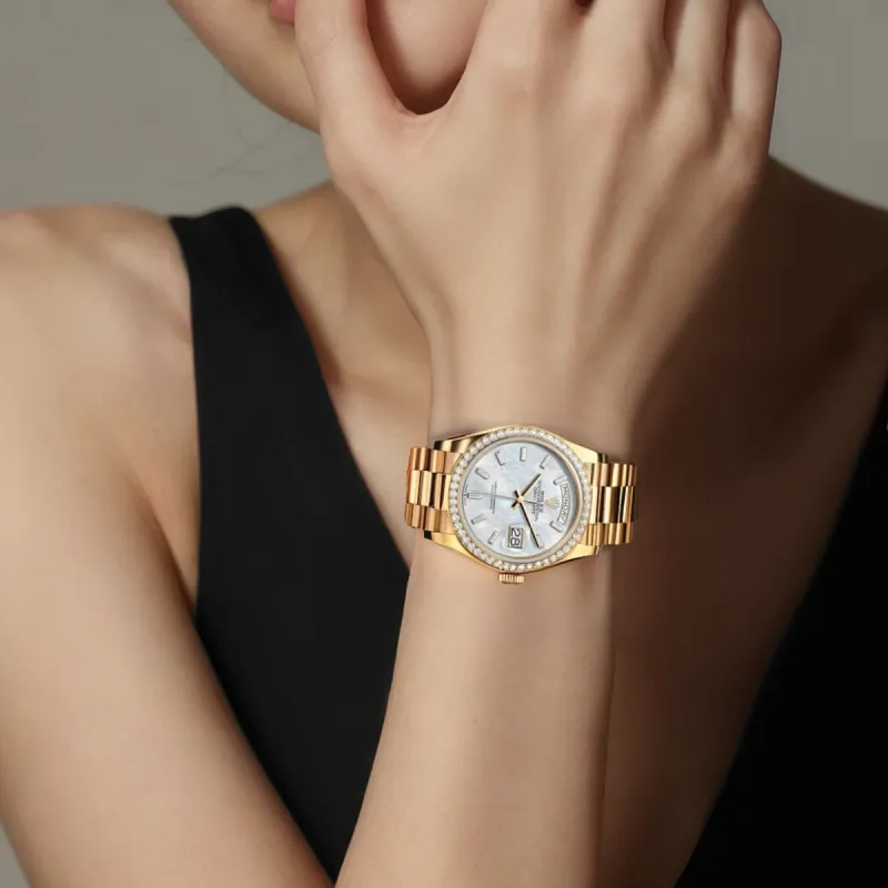 ROLEX Week type Calendar Automatic Mechanical Movement Women's Watch 36mm White Dial 18K Gold Watch Case 18K Gold Strap-3