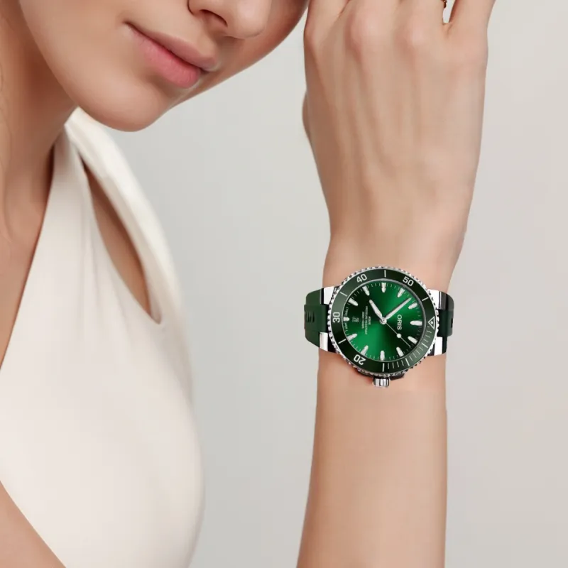 Oris Automatic Mechanical Movement Unisex Watch 43.5mm Green Dial Stainless Steel Case Rubber Strap-4