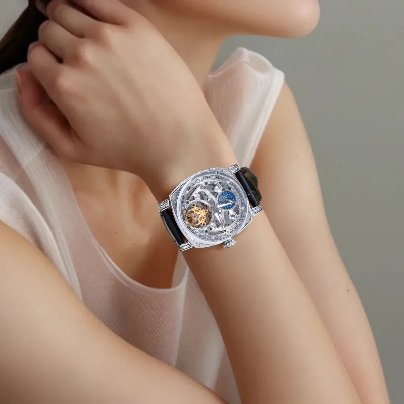 VRQ Faith Series Automatic Mechanical Movement Genuine Leather Strap Watch Women's Watch Cut-Out Dial-1