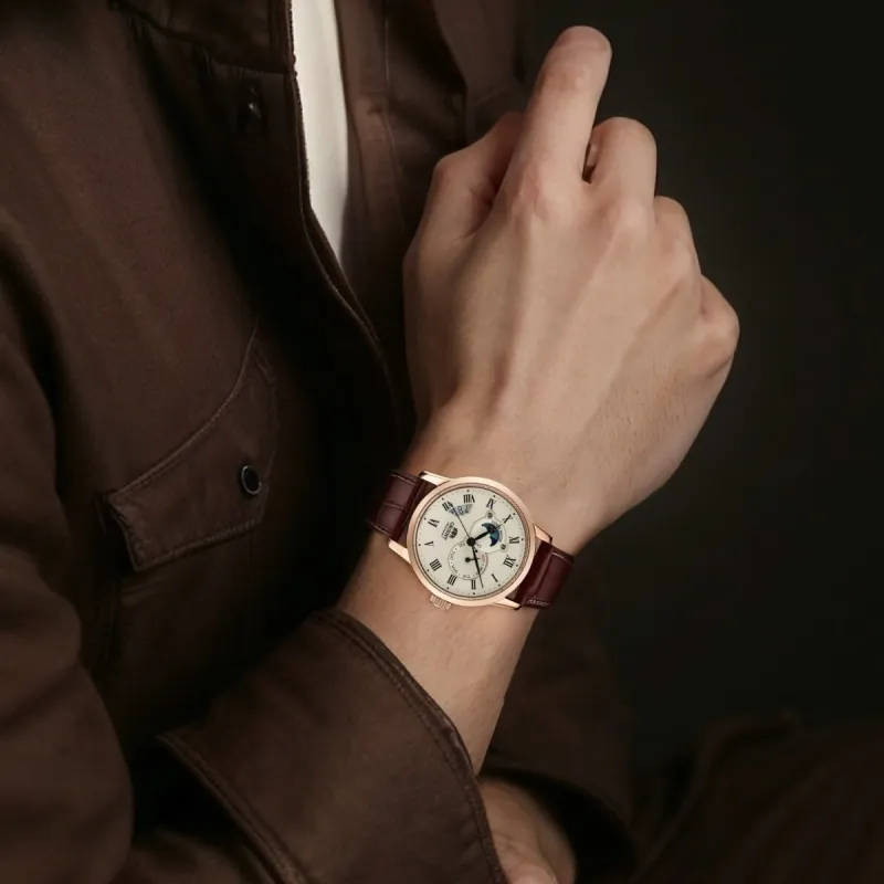 ORIENT Automatic Mechanical Movement Leather Strap Watch 42.5mm Men's Watches Yellow Watch Dial-2