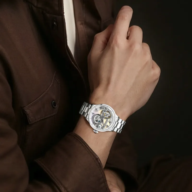JOHN DANDY Wrist Watch Automatic Mechanical Movement Stainless Steel Watchband Cut-Out Dial Men's Watches JD.3970M/01M-2