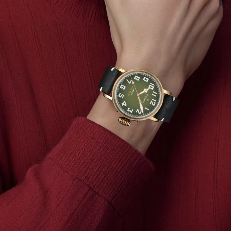 ZENITH PILOT Automatic Mechanical Movement Unisex Watch 45mm Green Dial Bronze Watch Case Genuine Leather Strap-4
