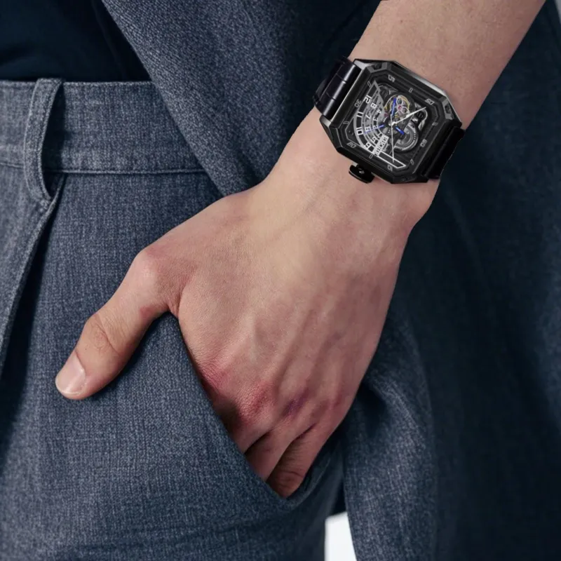 EBOHR Explorer Collection Automatic Mechanical Movement Genuine Leather Strap Watch Men's Watches Cut Out Dial-2