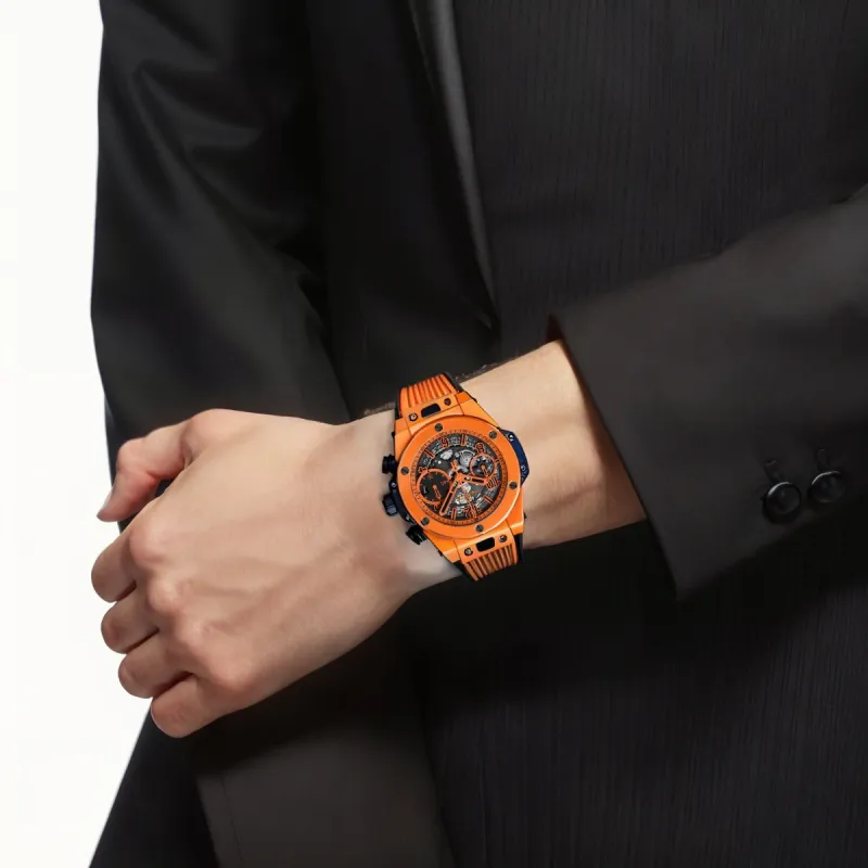 HUBLOT Automatic Mechanical Movement Unisex Watch 42mm Cut Out Dial Ceramic Watch Case Rubber Strap-3