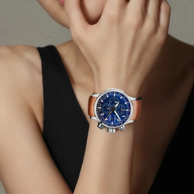 EDOX Automatic Mechanical Movement Unisex Watch 45mm Blue Dial Titanium Watch Case Leather Watch Bands-1